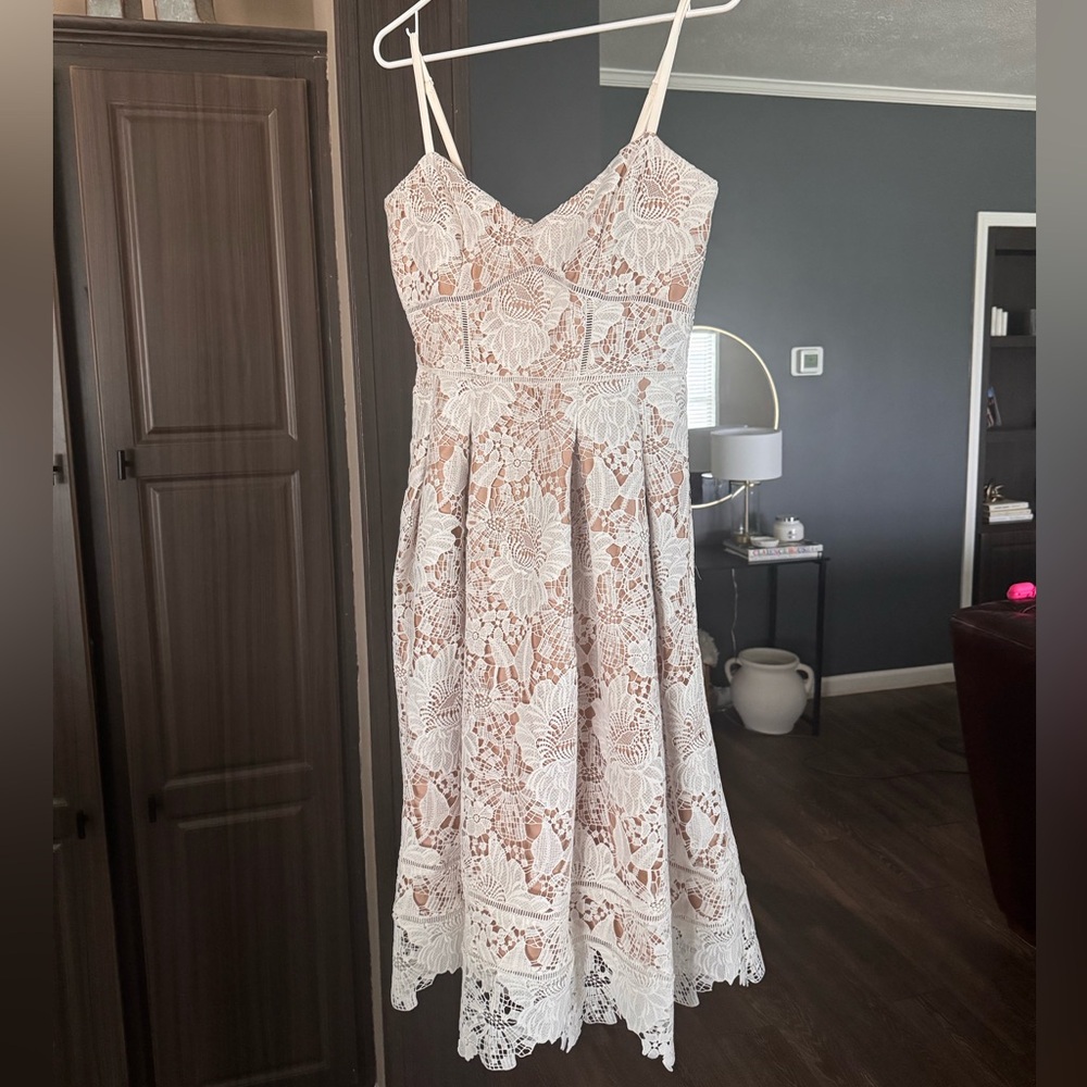 Petite sleeveless lace fit & flare midi dress